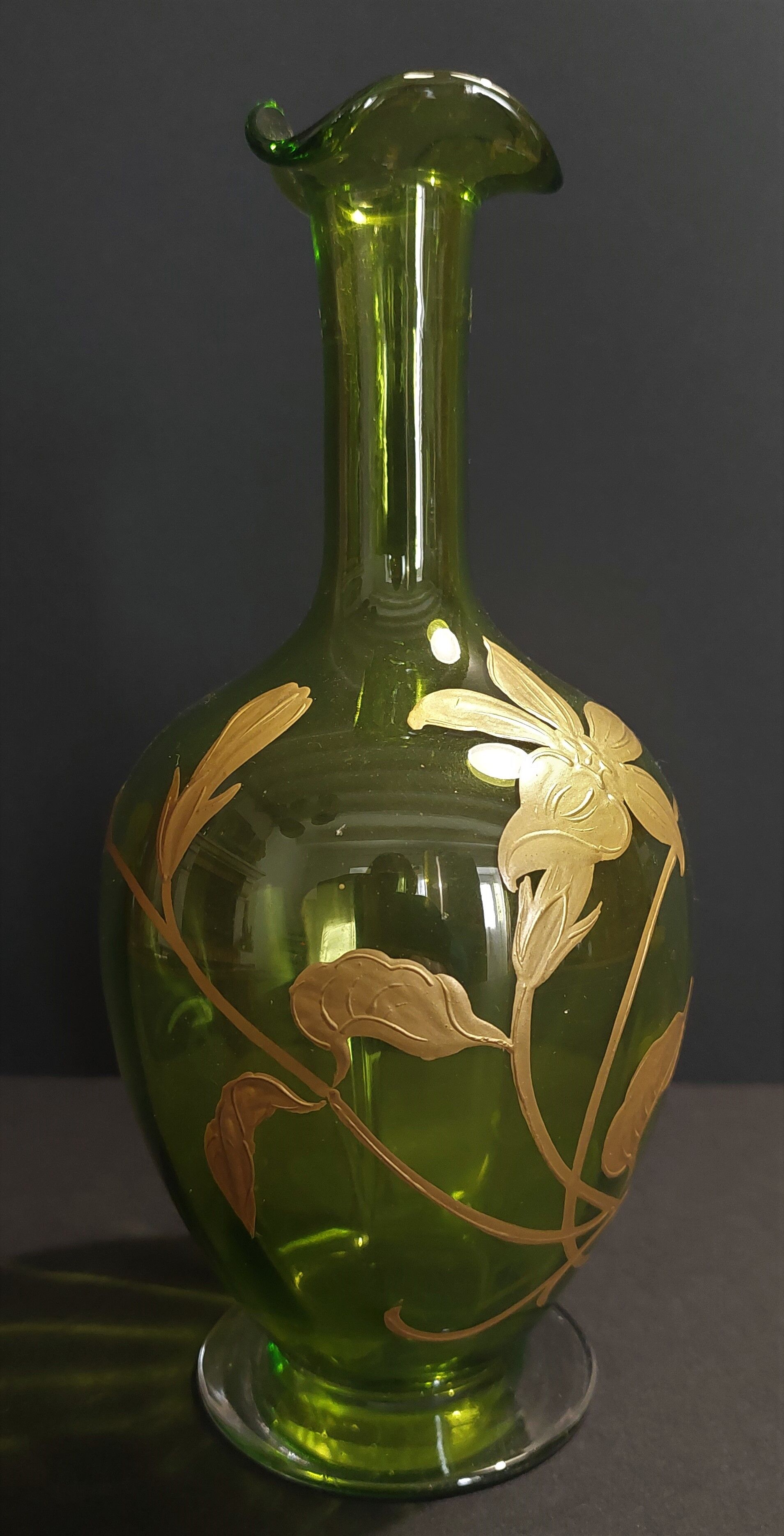 Carafe liquor bottle green and gold decoration early twentieth century
