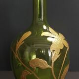 Carafe liquor bottle green and gold decoration early twentieth century