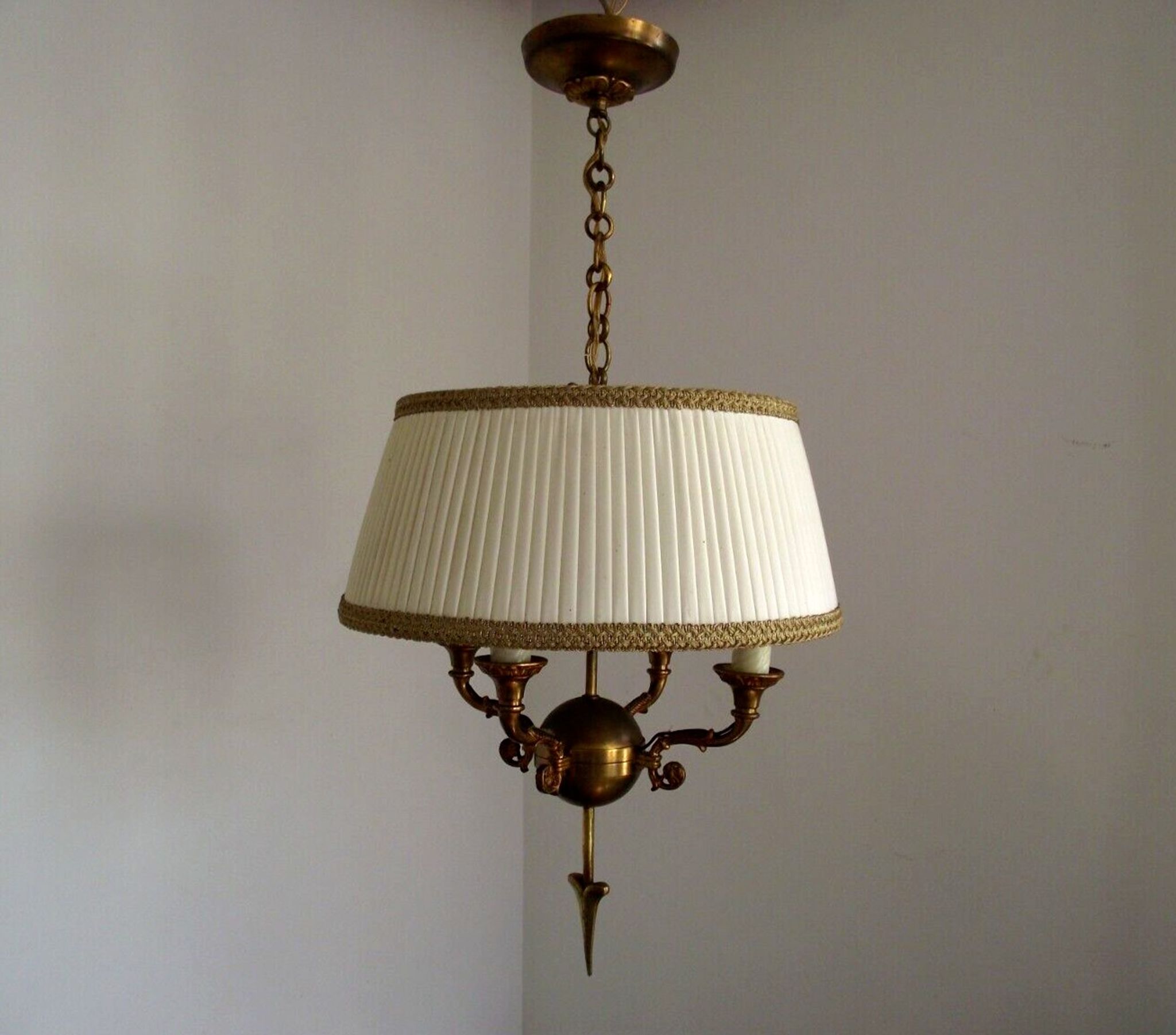French antique empire style 4 light chandelier pleated cream fabric shade 4311