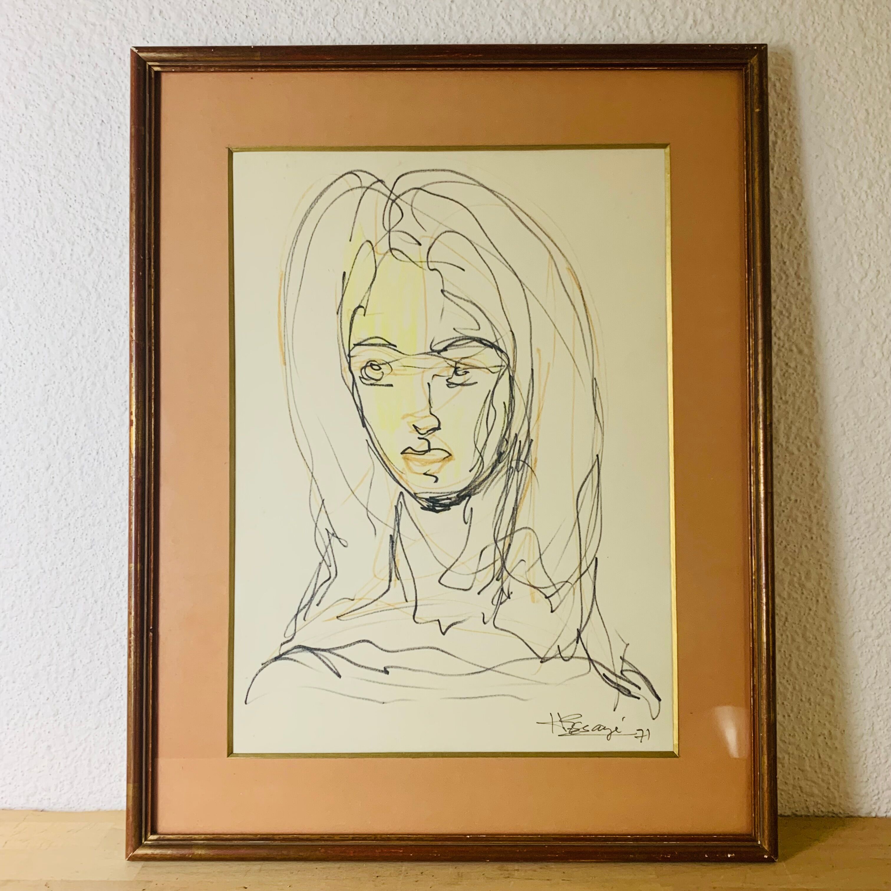 Portrait painting of woman drawing 70s