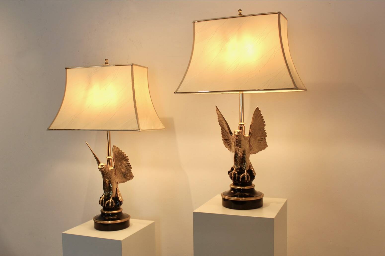 Pair of large Belgian brass carved eagle table lamps