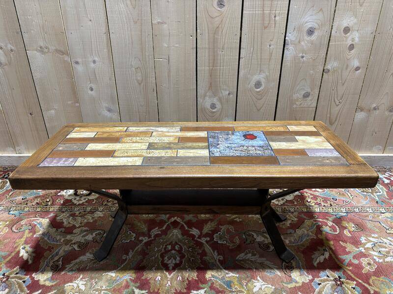 Table basse bois et céramique années 70