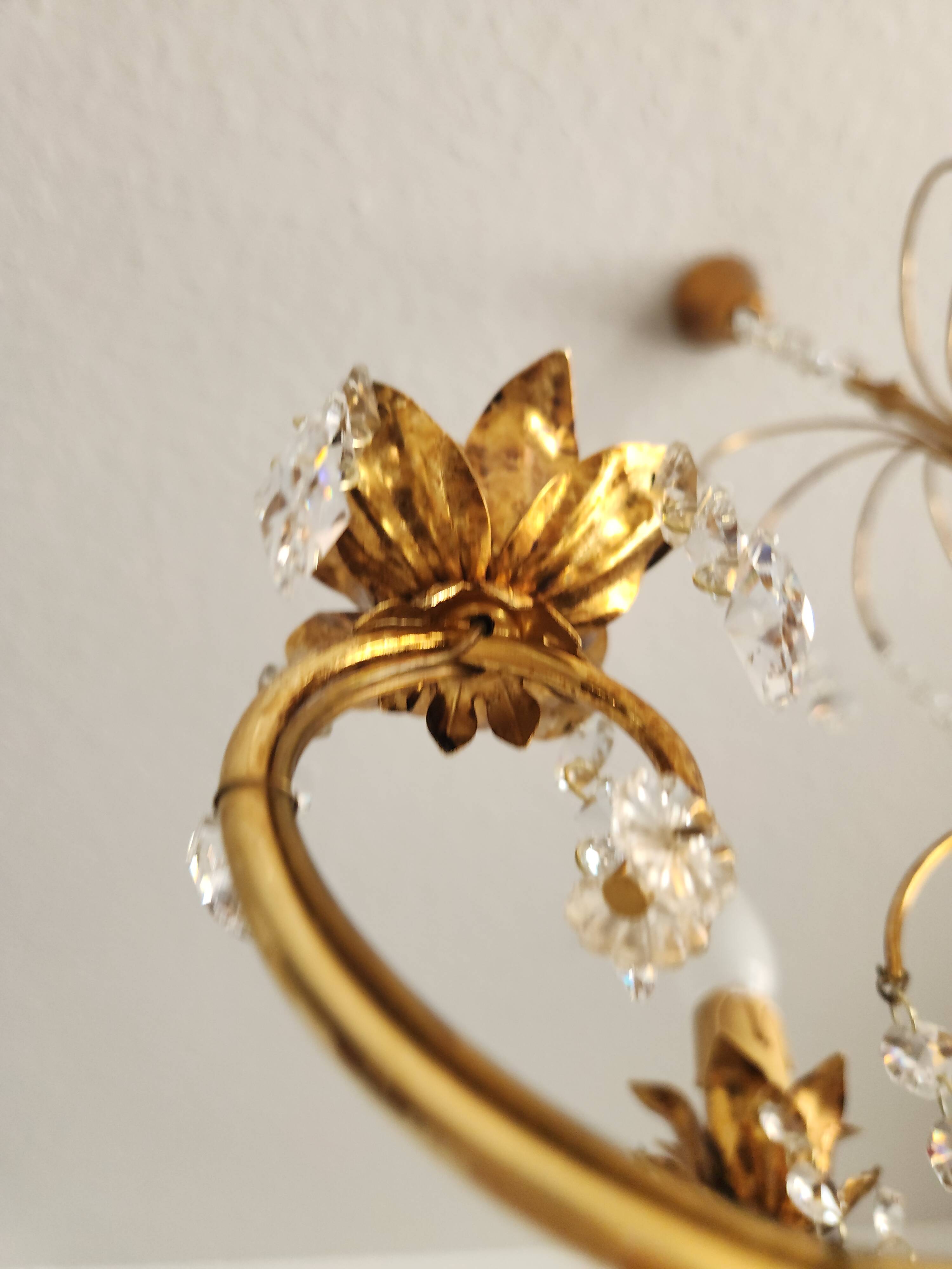 Messing doré lustre à 6 lumières lampe cristal cascade 1950-1970