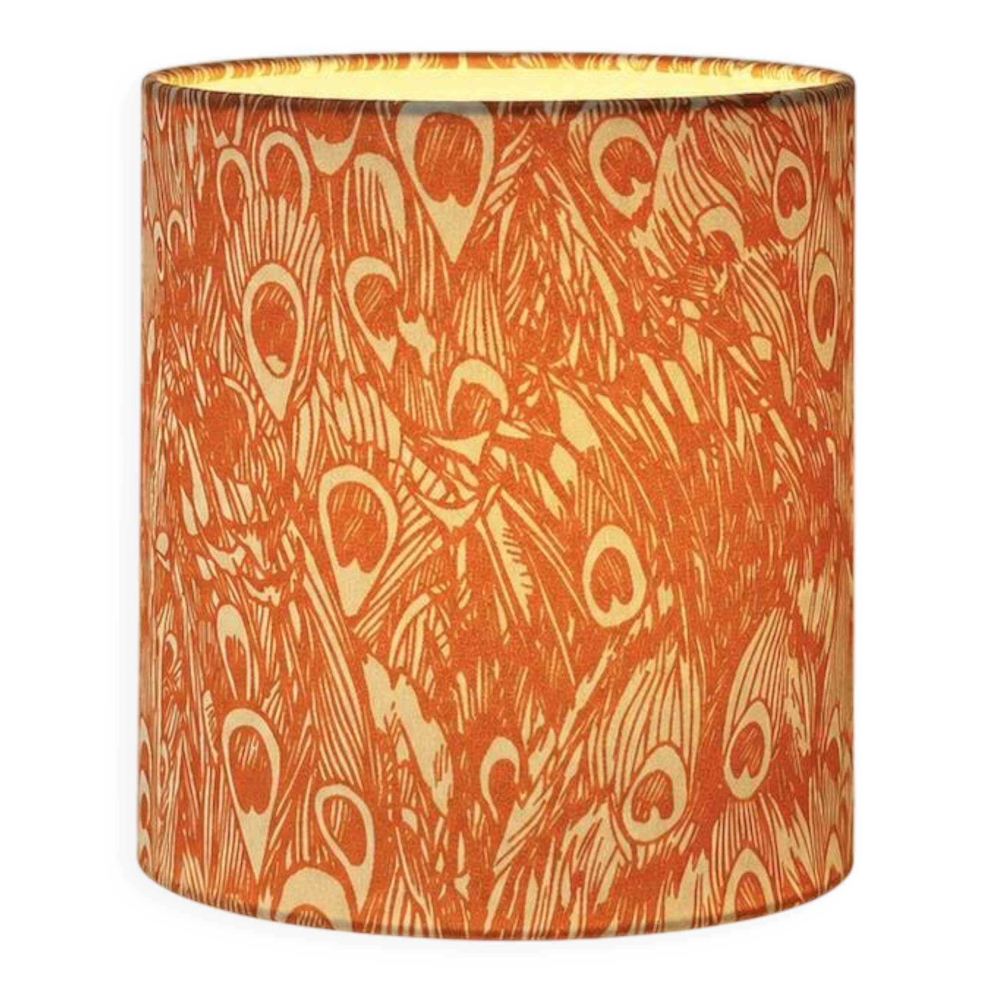 Lampshade covered with a decorative translucent fabric featuring a peacock pattern.