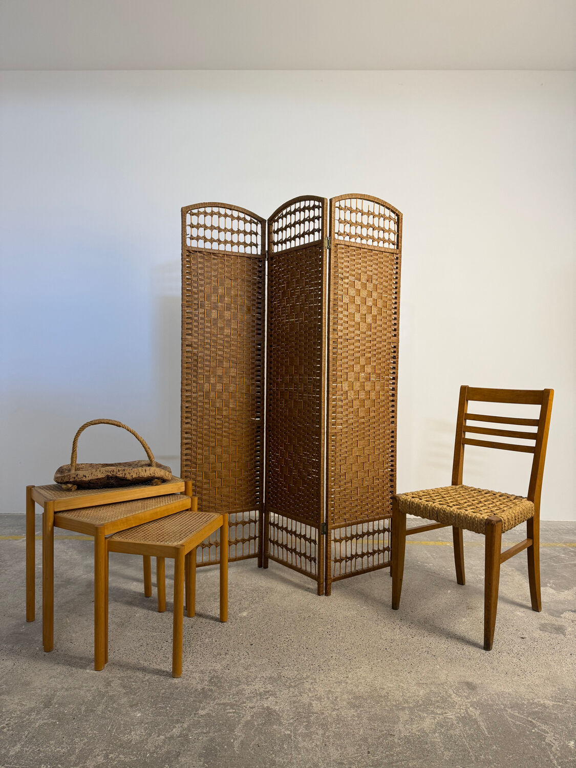 Vintage rattan and woven wicker screen – 3 panels – 1970s