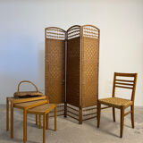 Vintage rattan and woven wicker screen – 3 panels – 1970s
