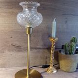 Lampe à poser métal doré abat jour verre ciselé, vintage