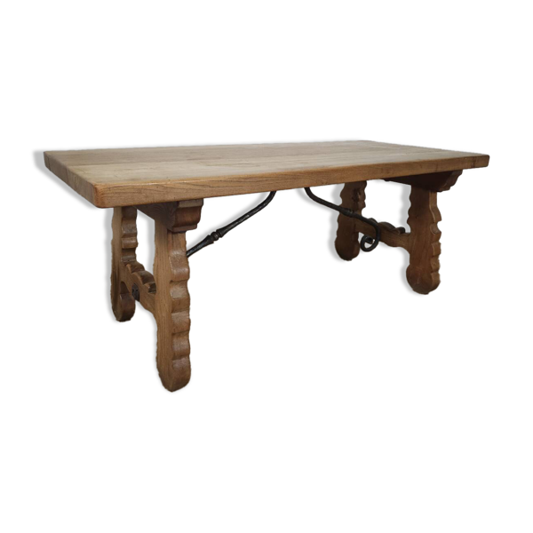 Table rustique en chêne massif et fer forgé , circa 1950