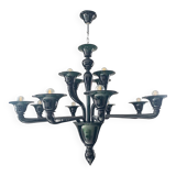 Contemporary Translucent Green-Petrol Glass Chandelier