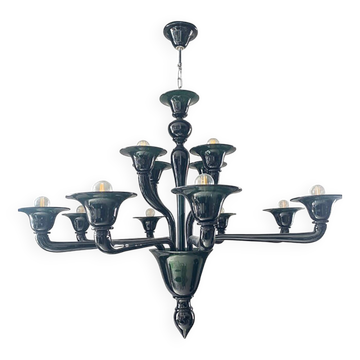 Contemporary Translucent Green-Petrol Glass Chandelier