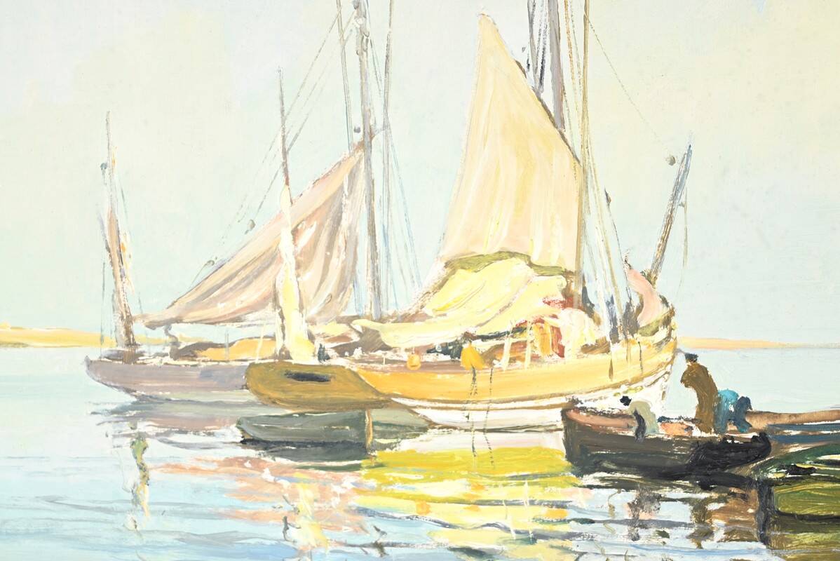 Oil Painting on Hardboard “Trawler and Tuna Boats”, signed G.Lhermitte – Mid 20th century