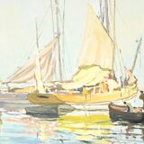 Peinture à l’Huile sur Isorel « Chalutier et Thoniers », signée G.Lhermitte – Milieu XXe