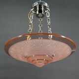 Suspension Art Déco moderniste en verre rose et bronze chromé, par Henry Petitot, 1935