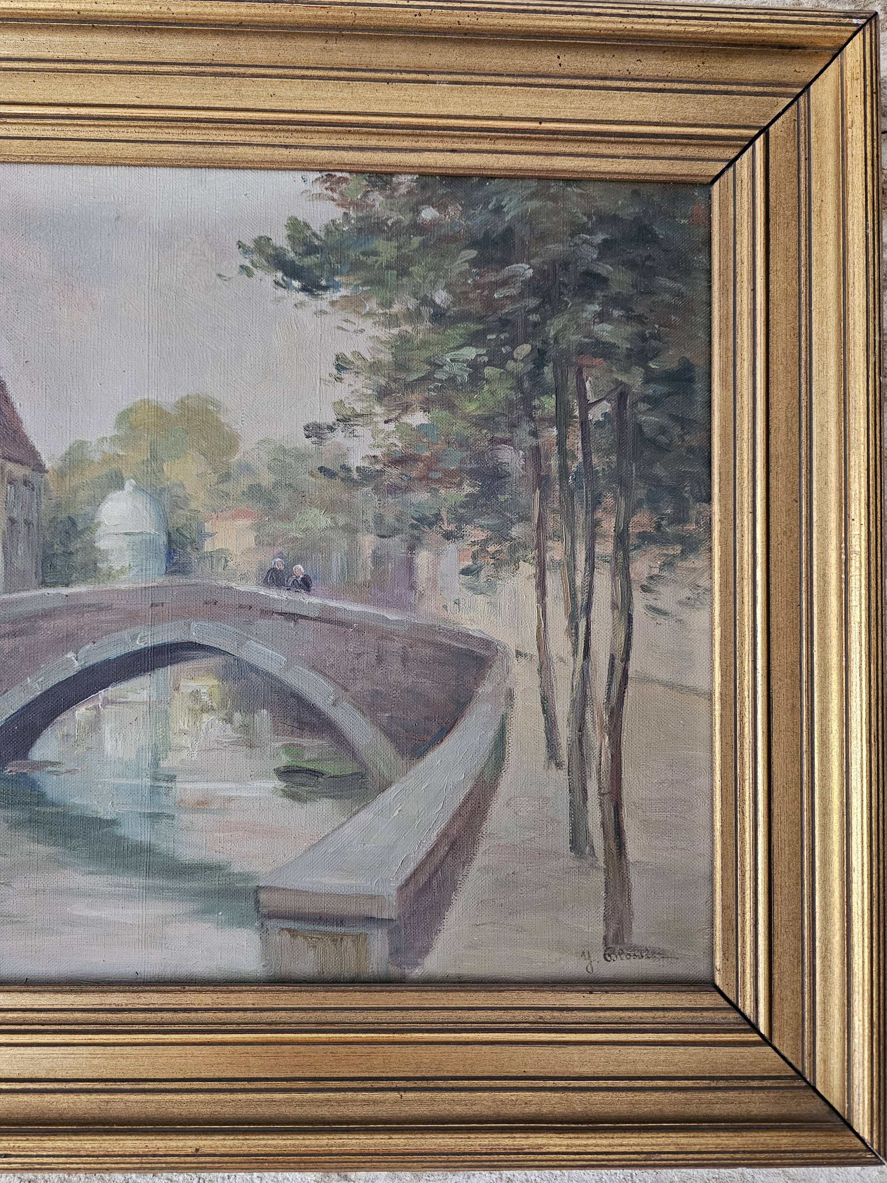 Oil on Canvas Landscape The Old Canals of Bruges - Signed Glossier