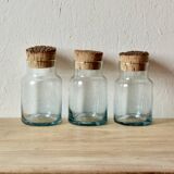 Set of 3 old blown glass pots and cork stoppers