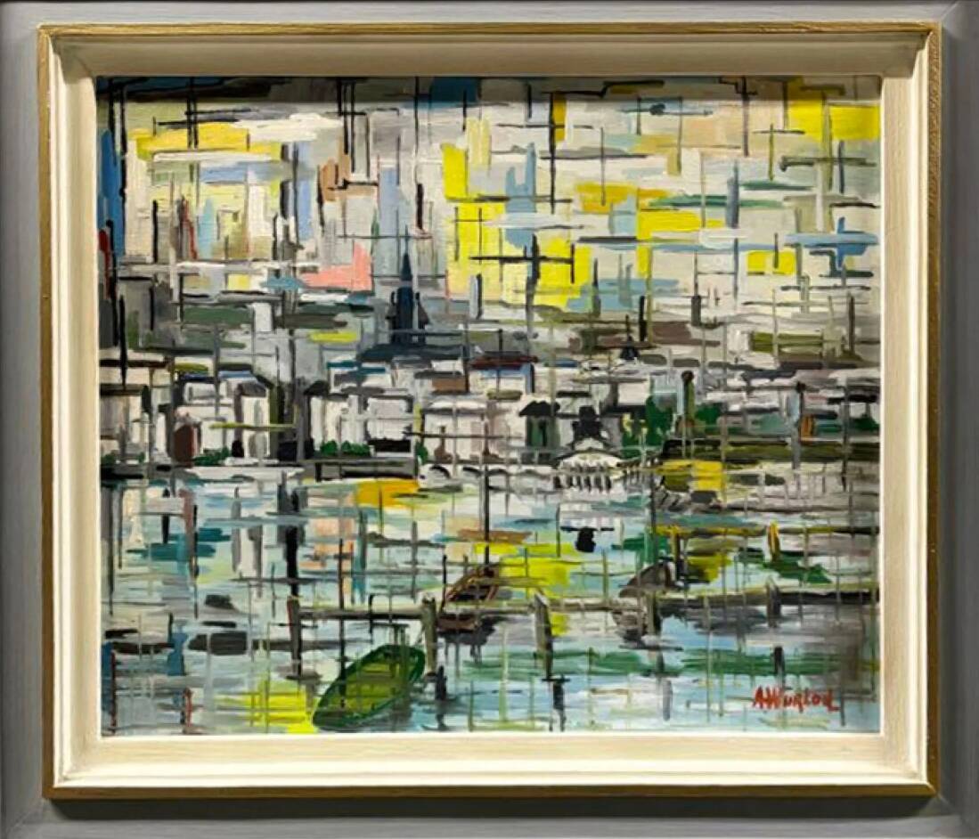 Large oil on canvas a. wurlod view of a port