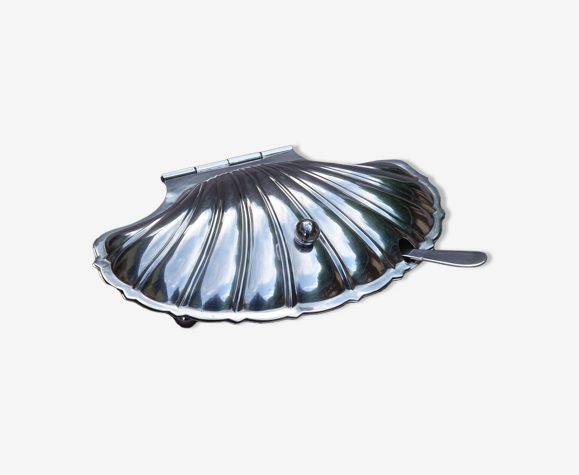 Coupelle à caviar beurrier métal argenté et verre dépoli coquille Saint Jacques