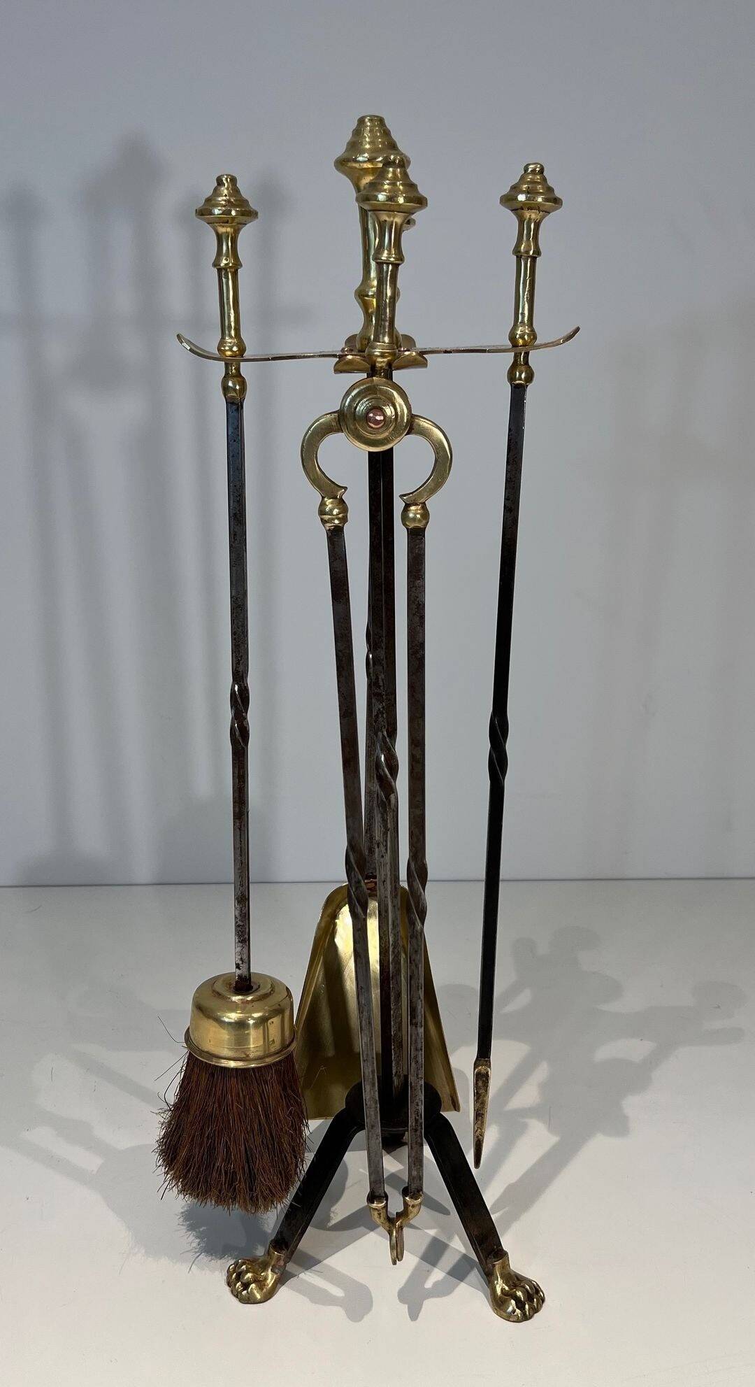 Fire Tool Set in Brass and Brushed Steel with Claw Feet, Attributed to the
