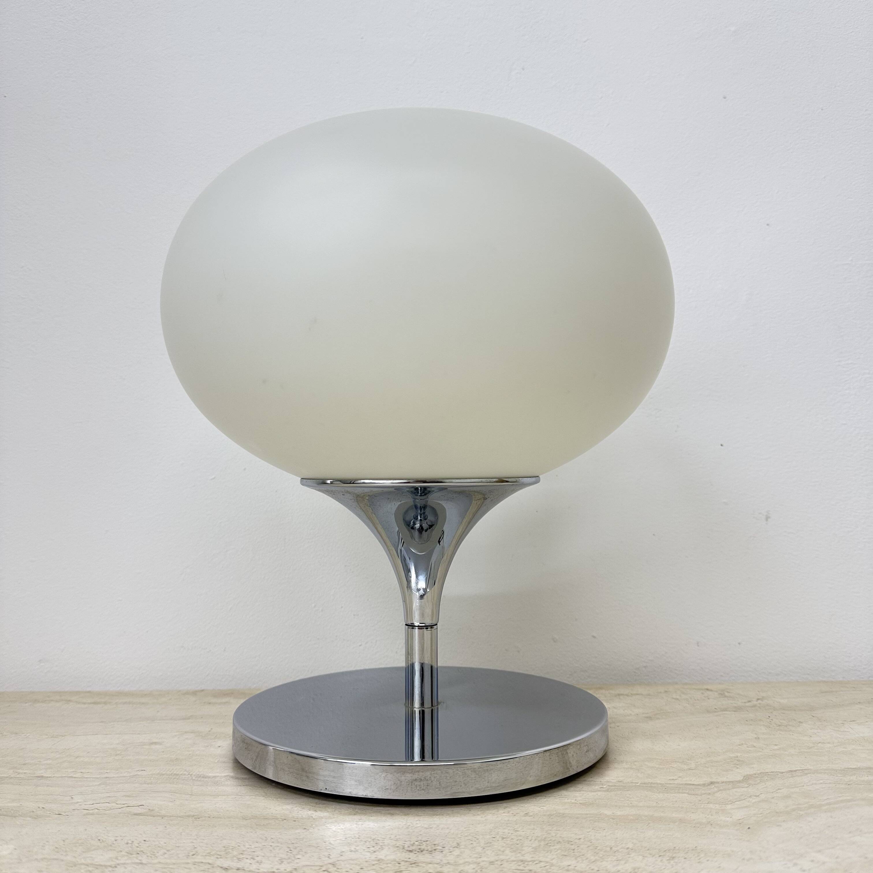 Opaline glass chromed steel & cast iron Space Age lamp by Kaiser Leuchten,