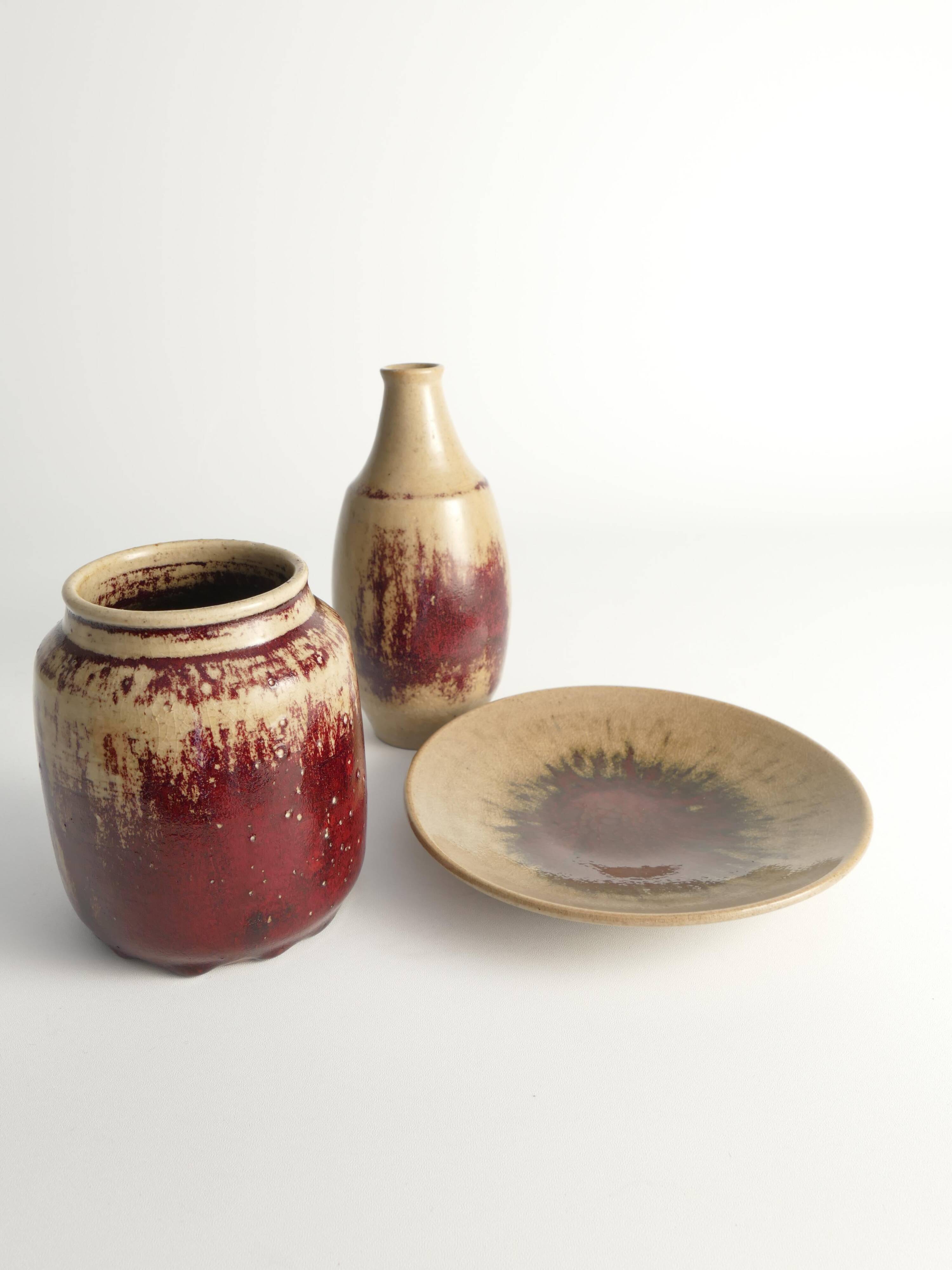 Unique Oxblood Glazed Stoneware Pieces, By Henning Nilsson, Set of 3