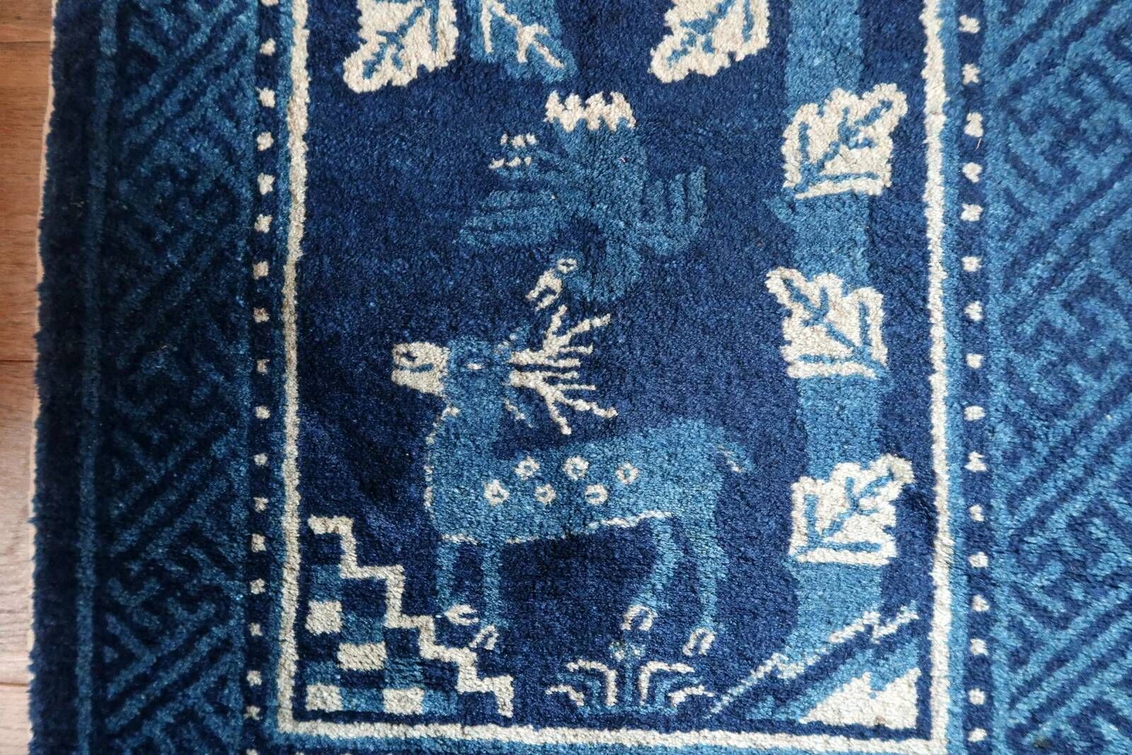 1900s Chinese PaoTao wool rug with deer, blue & ivory, 67 × 131 cm - 1C1306