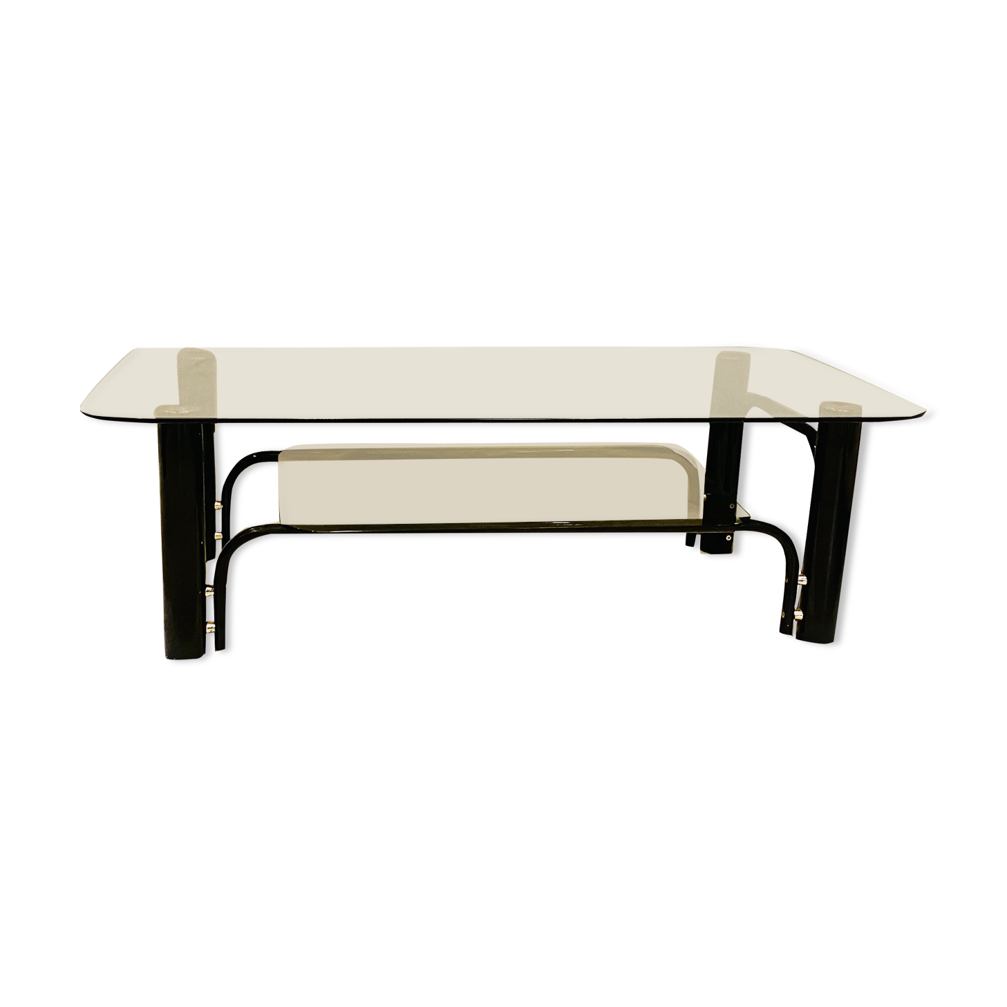 Black and gold coffee table with double tops in smoked glass circa 1970