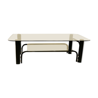 Black and gold coffee table with double tops in smoked glass circa 1970
