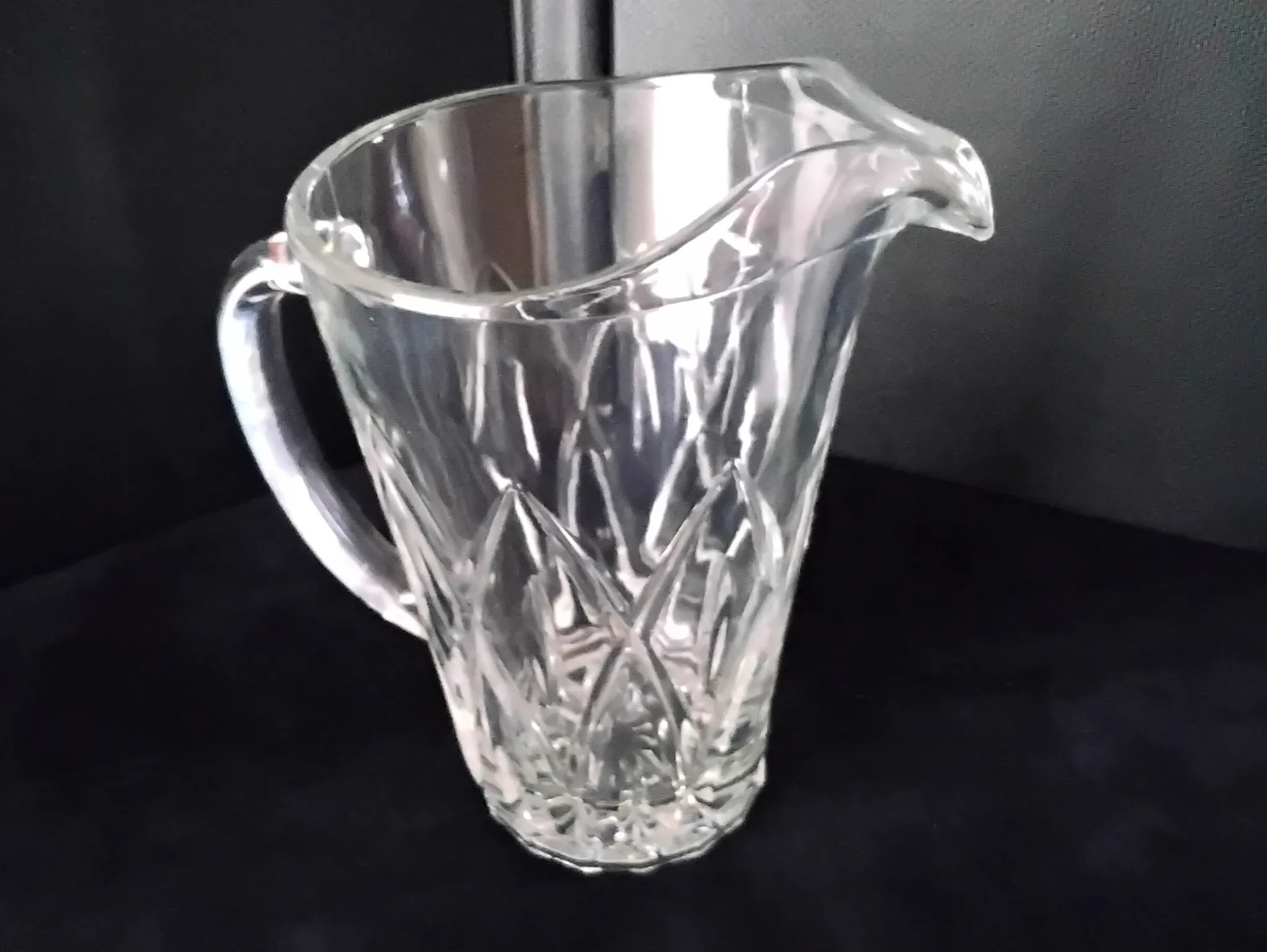 Water carafe, jug, pressed moulded glass pitcher.