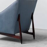 Poltrona in tessuto blu legno anni ’60 vintage modernariato