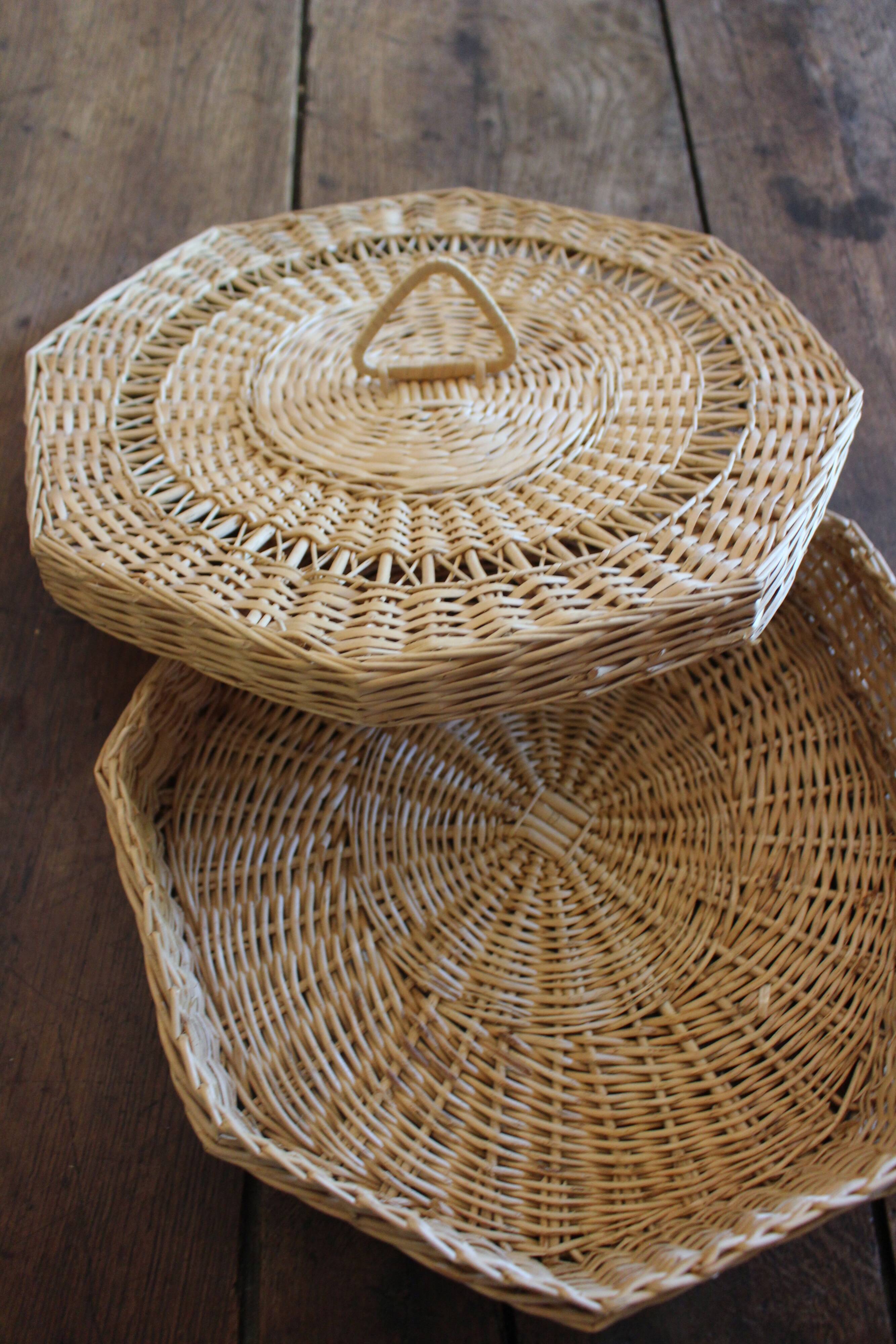 Vintage Octagonal Wicker Basket with Lid