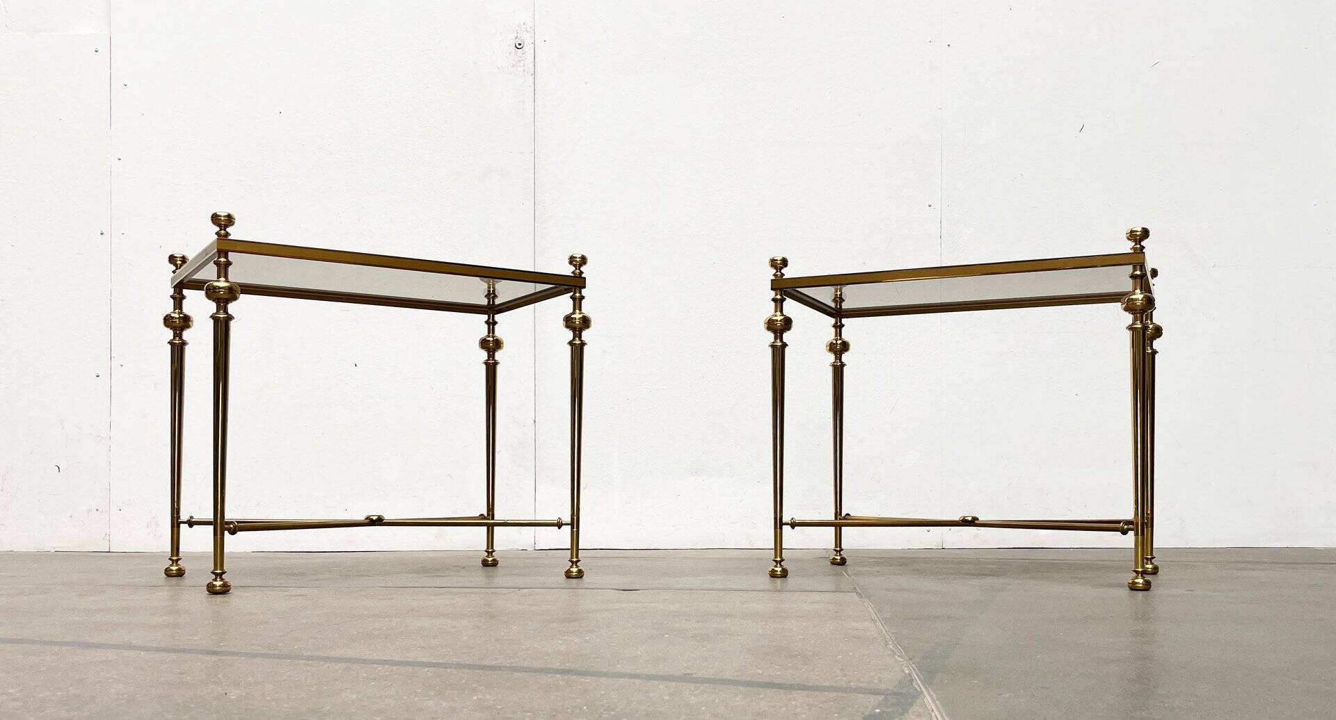 Mid-century Hollywood neoclassical brass and glass side or bedside tables attributed to Vereinigte Werkstätten, Germany, 1960s, set of 2.