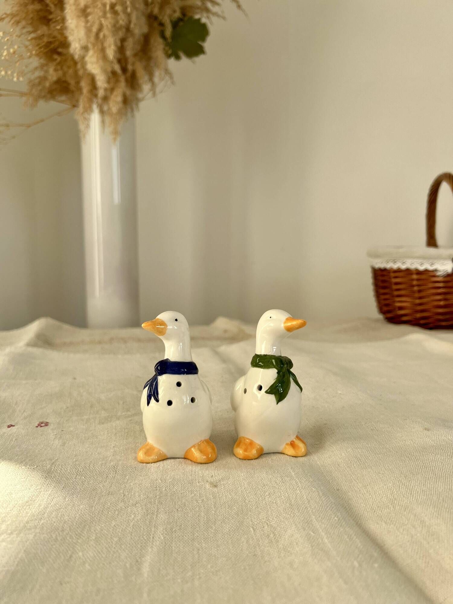 Vintage porcelain salt and pepper shaker in the shape of cottage core geese