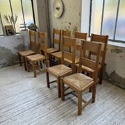 Set of 8 blond oak chairs with straw seats