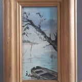 Oil painting boat on river, mist, tree, gilded wood frame 15.5x23.5 cm, signed