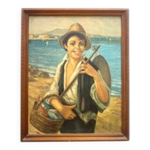 Peinture à l'huile, G. De Curtis, toile signée, jeune pêcheur italien, fin du XXe siècle