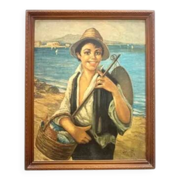 Peinture à l'huile, G. De Curtis, toile signée, jeune pêcheur italien, fin du 20e siècle