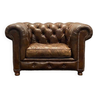 Fauteuil club Chesterfield en cuir marron fabriqué à la main