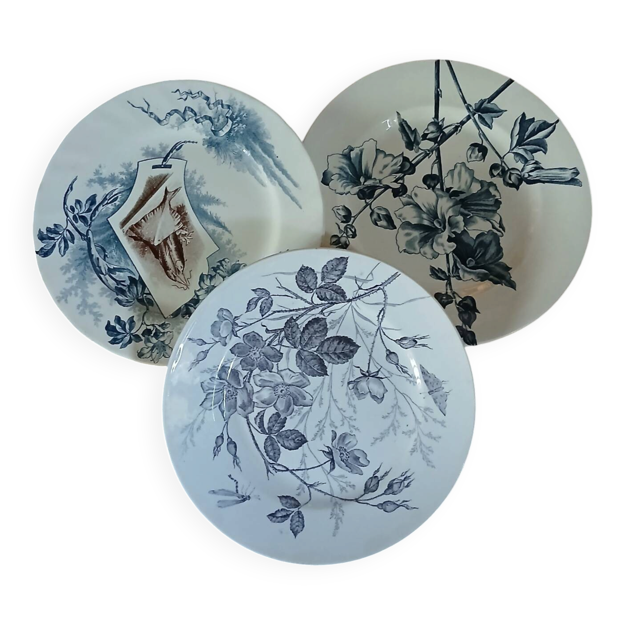 3 mismatched antique flat plates in ironstone