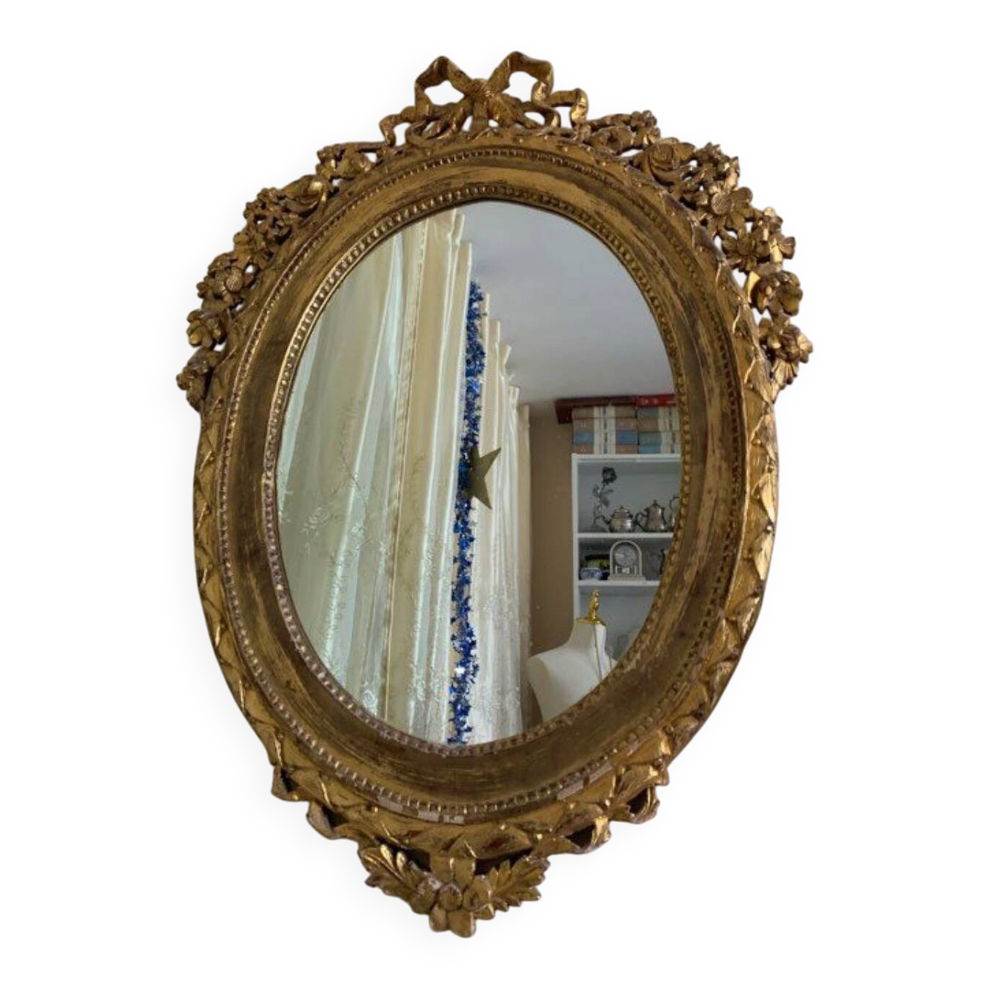 Antique oval mirror with gold leaf – Pediment with bow & floral motifs style