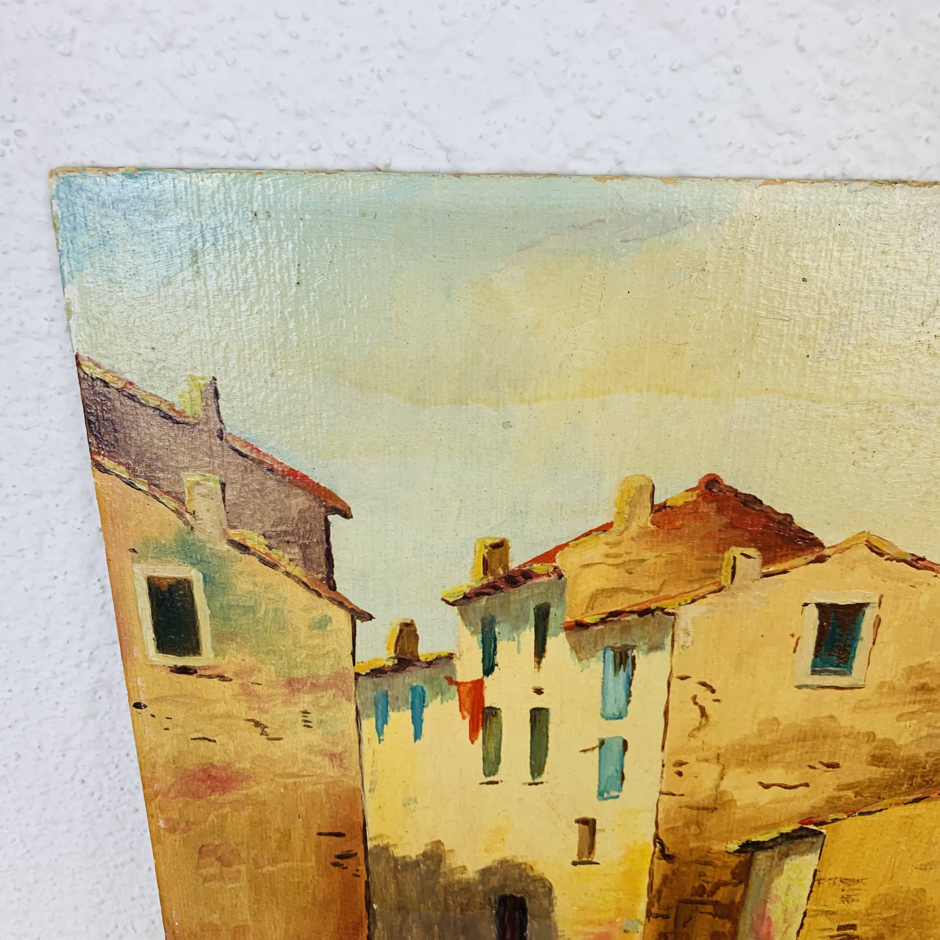 Oil painting on cardboard signed J. Masse village landscape