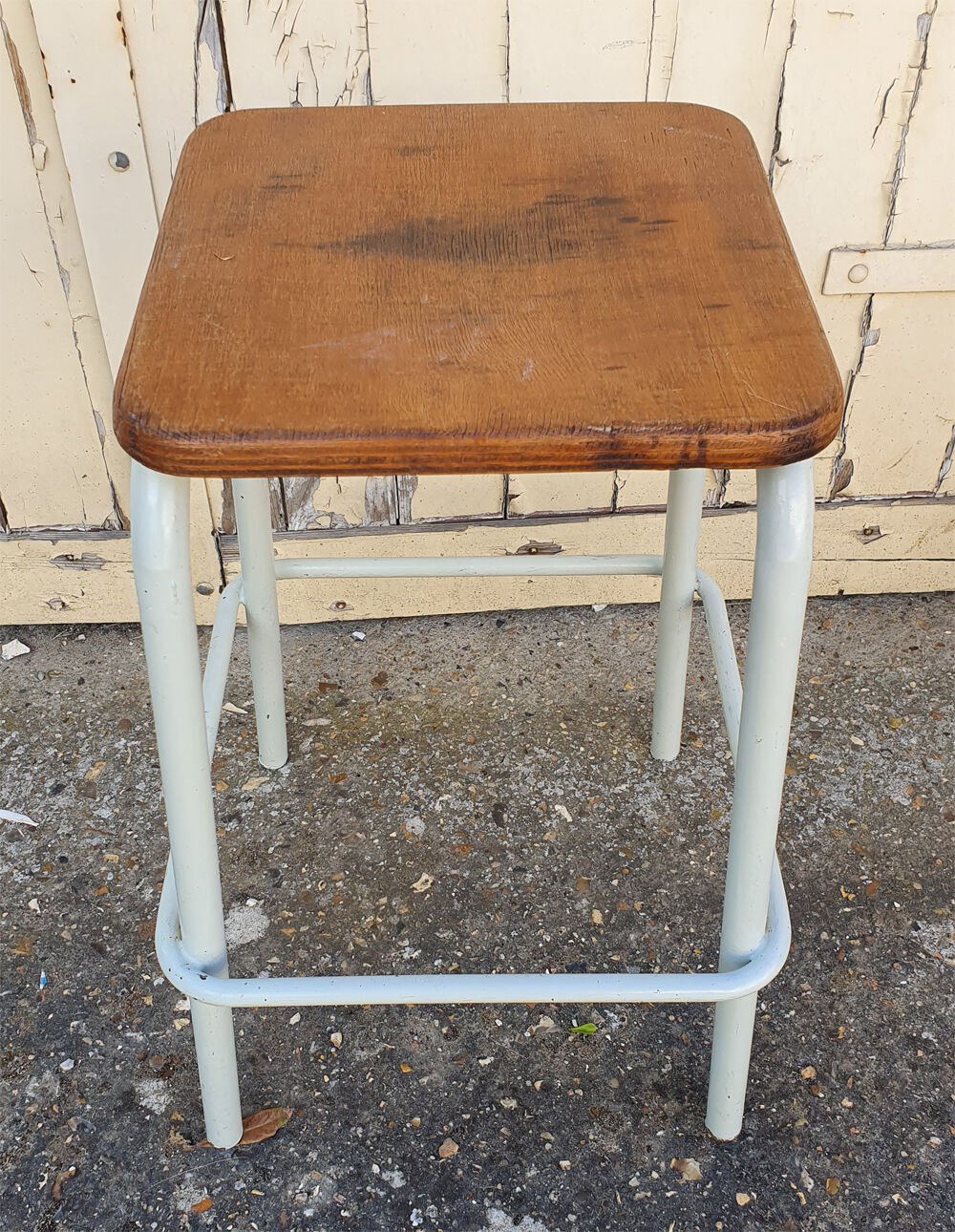 Tabouret industriel carré blanc bois et métal vintage