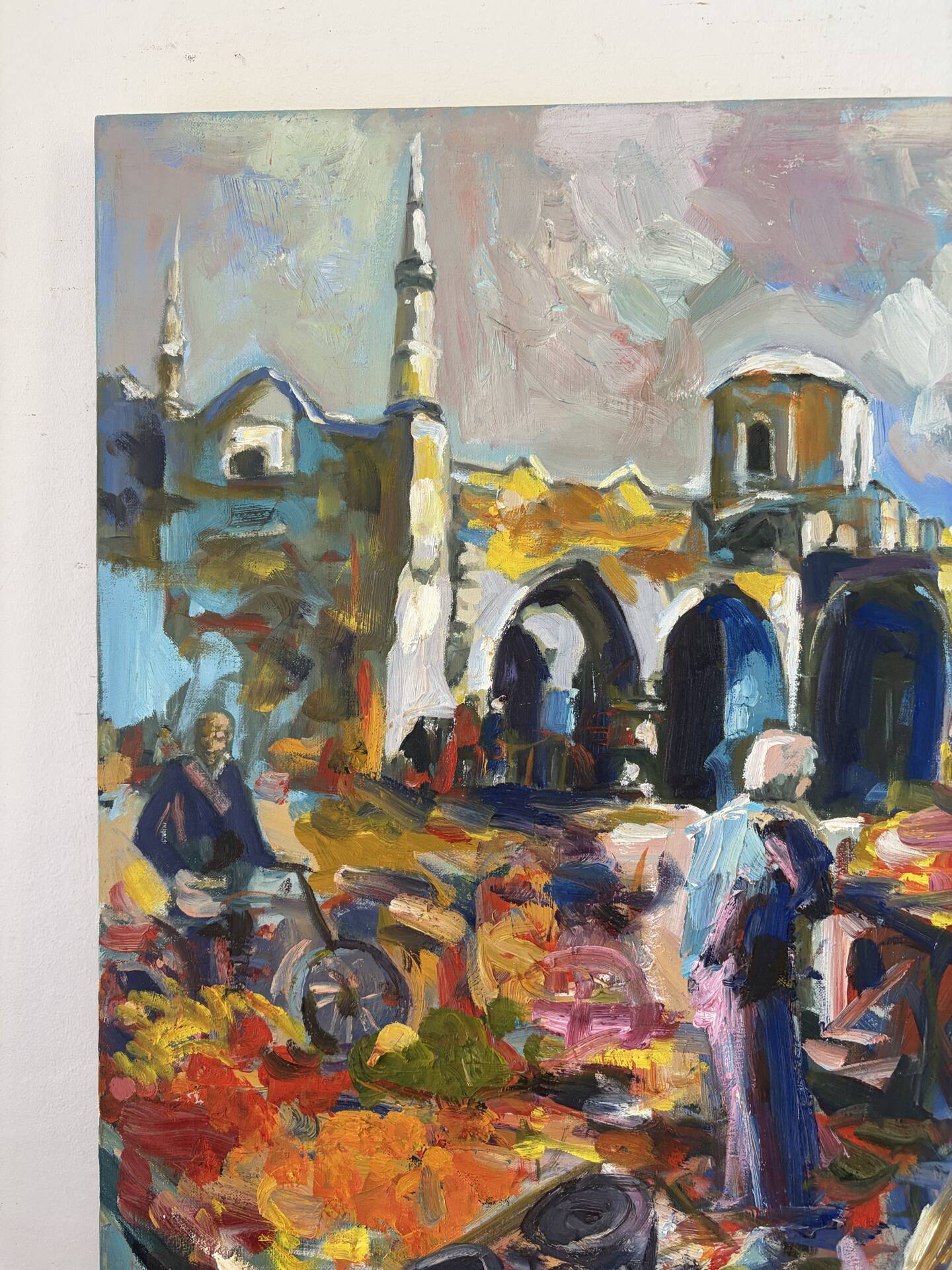 Le marché à Chypre, huile à couteau,  signé Alex Khattab