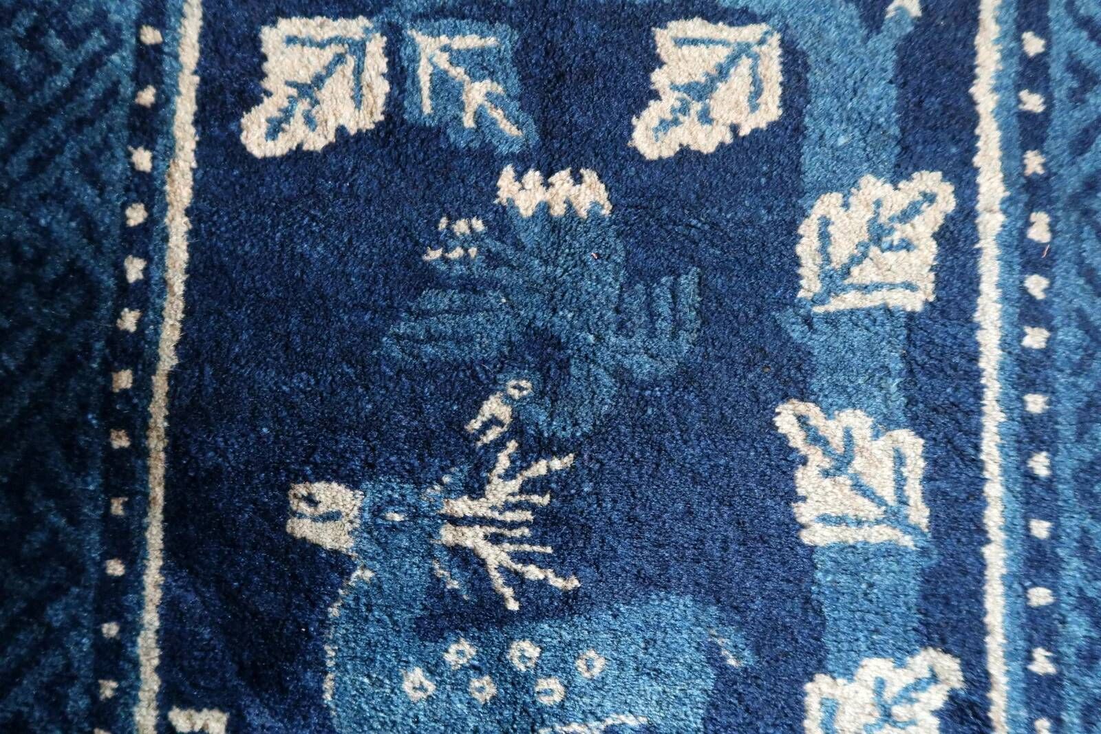 1900s Chinese PaoTao wool rug with deer, blue & ivory, 67 × 131 cm - 1C1306