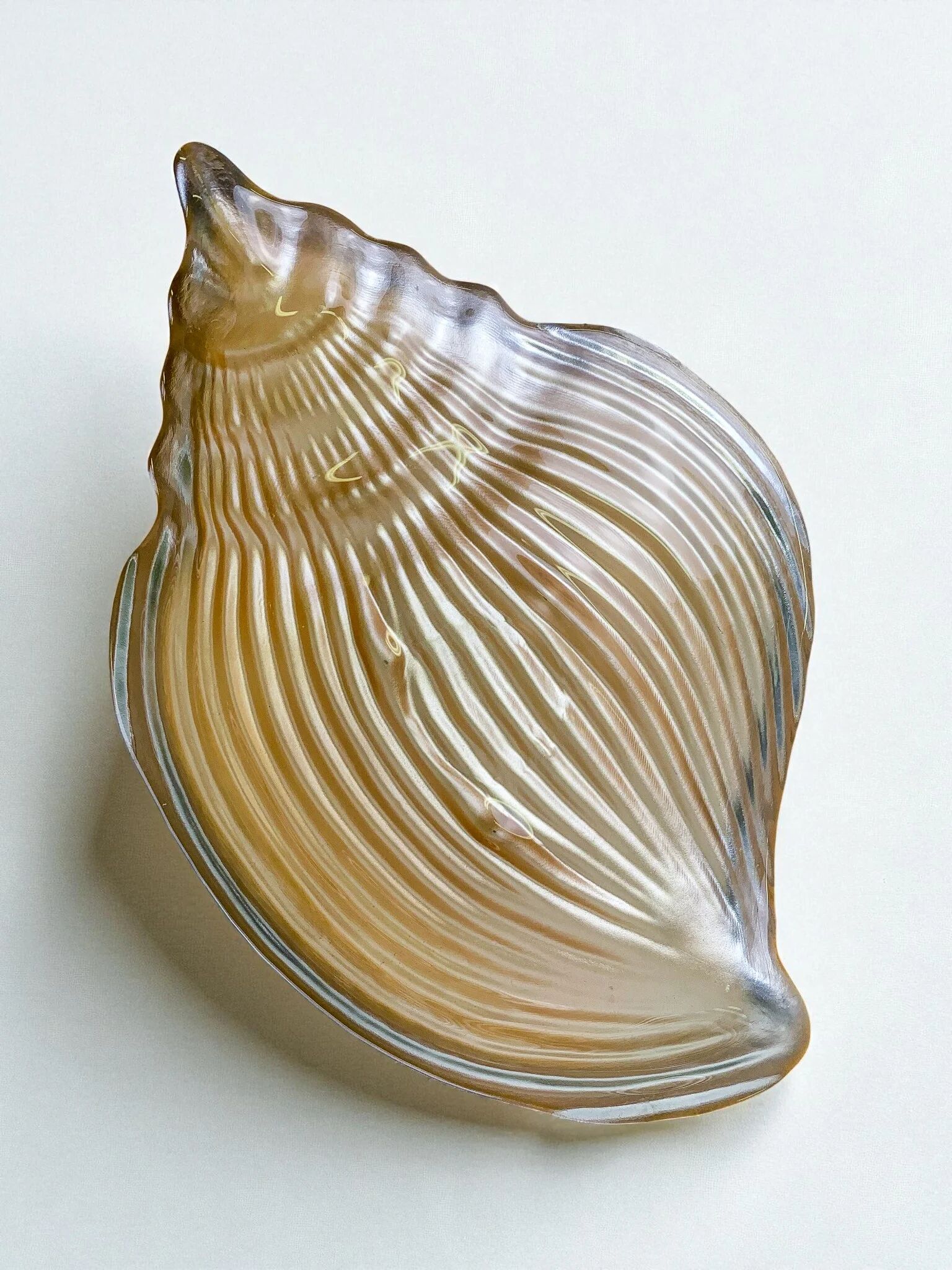 Large Murano glass shell centerpiece bowl, amber iridescent, Italy, 1980s