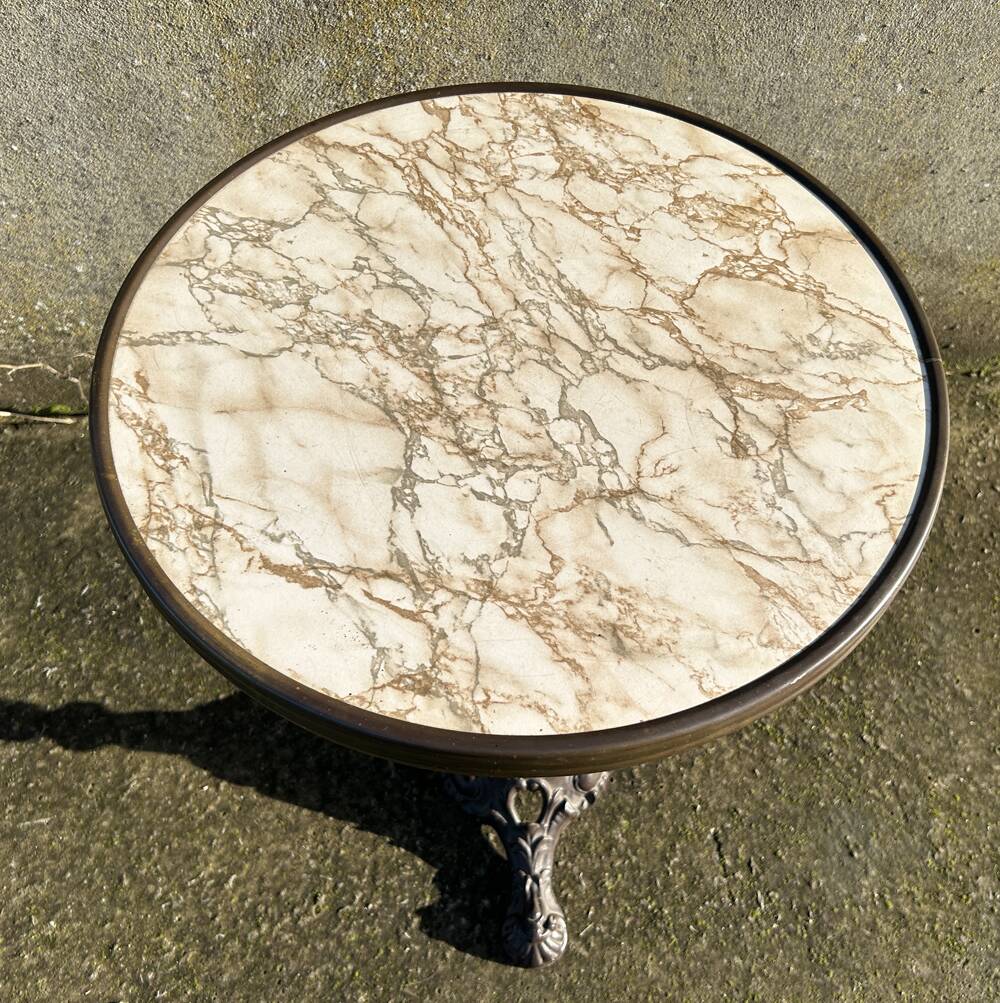 Round bistro table, cast iron base, vintage, 1940s