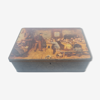 Metal box with closure representing a famous drawing by Albert Anker.