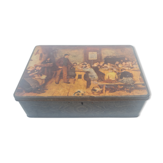 Metal box with closure representing a famous drawing by Albert Anker.