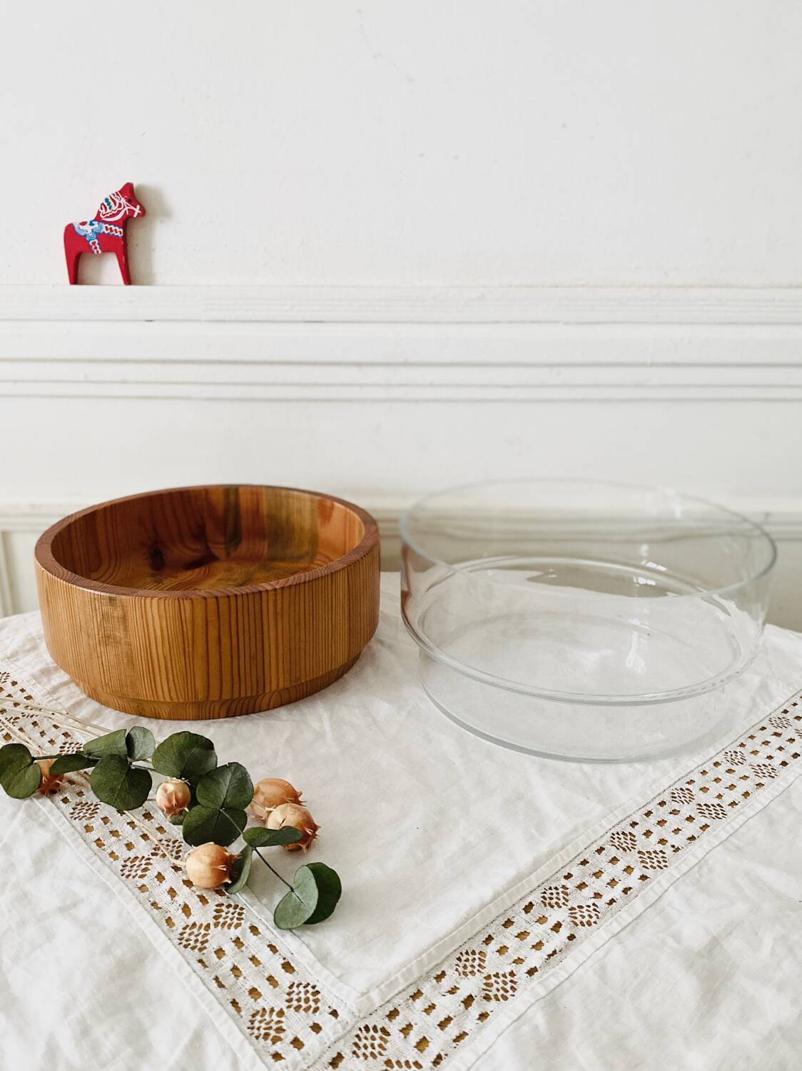 Large Scandinavian glass and wood salad bowl BLOMBERG GOTENE SWEDEN