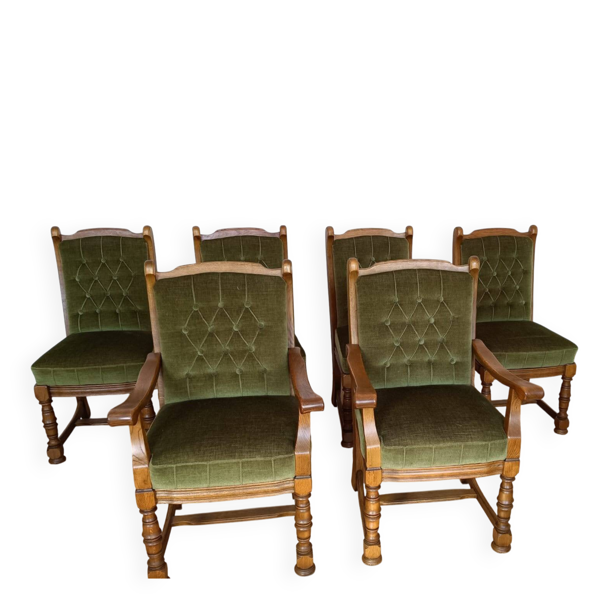 Set of 6 Louis XIII chairs in Oak and Moss Green Velvet - Vintage 1970