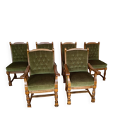 Set of 6 Louis XIII chairs in Oak and Moss Green Velvet - Vintage 1970